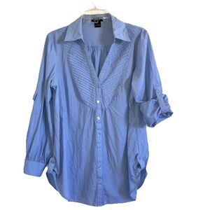 SPENSE sz L 100% Cotton Solid Blue Roll Tab Sleeve Blouse Top Pintuck Pleat